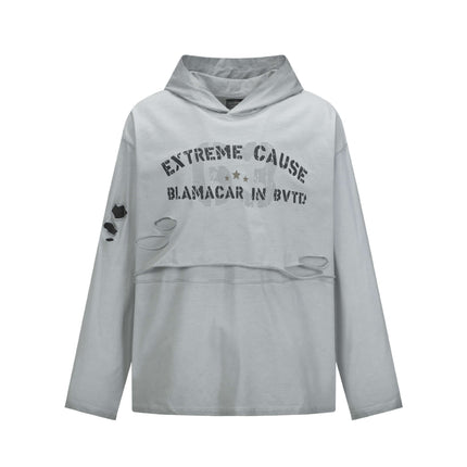 Retro Letter Print Hoodie – Loose Fit in light gray with distressed details and urban letter print.