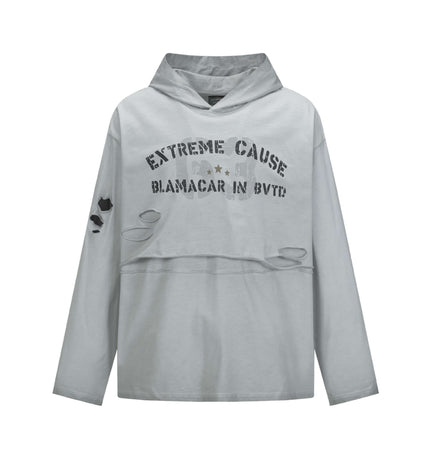Retro Letter Print Hoodie – Loose Fit in light gray with distressed details and urban letter print.