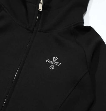 Vintage Gothic Zip-Up Hoodie – Slim Fit featuring a black design with a unique emblem on the zipper closure.