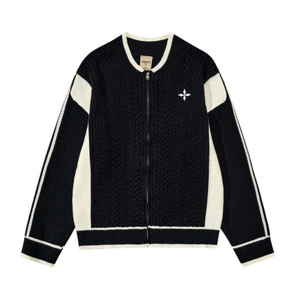 Black color blocked patchwork baseball sweater with Grozavu logo