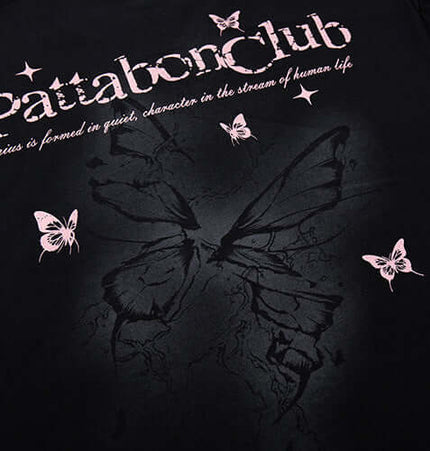 Butterfly Print TShirt – Loose Fit featuring a distressed butterfly design on a black background.