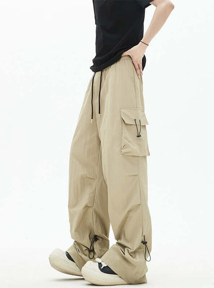Back view of Gray quick drying paratrooper pleated drawstring by Grozavu
