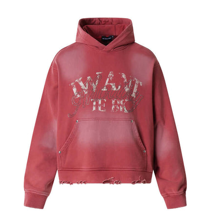 Washed Rhinestone Letter Hoodie – Loose Fit in vintage washed red with rhinestone lettering and distressed details.