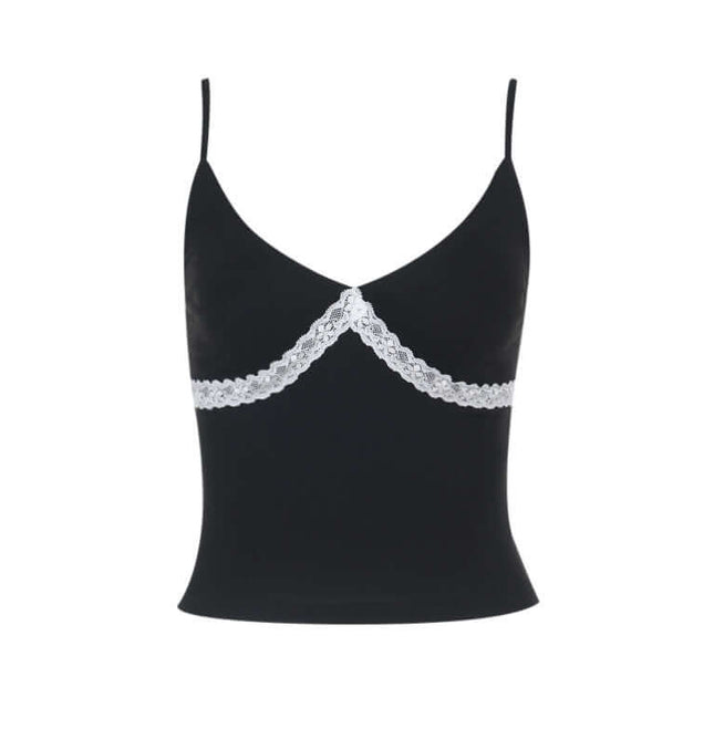 Lace Patchwork VNeck Top – Slim Fit featuring delicate lace detail on a sleek black design.