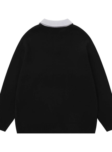 Back view of Black polo neck sweater japanese knitwear by Grozavu