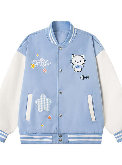 Back view of Black embroidery cute cat baseball jacket by Grozavu