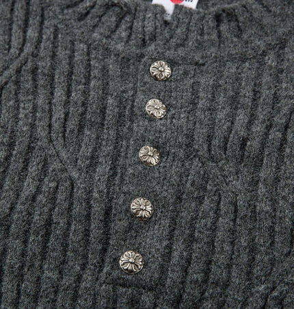Ripped Hem Knit Cardigan – Loose Fit featuring ribbed texture and decorative buttons in a soft gray color.