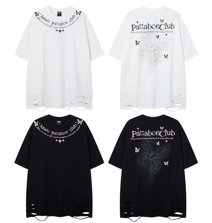 Butterfly Print TShirt – Loose Fit featuring distressed designs in black and white, perfect for casual summer wear.