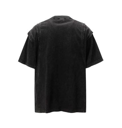 Washed Spliced Distressed TShirt – Loose Fit, back view showing relaxed fit and washed-out finish.