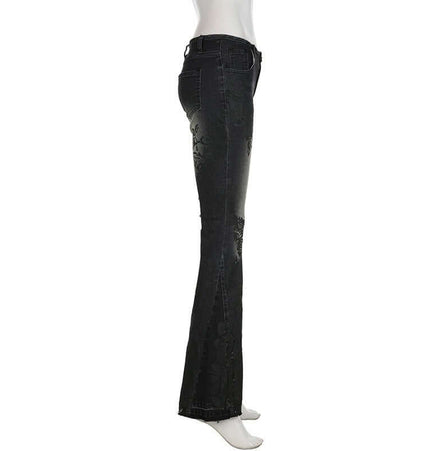 Retro Plant Print Slim Flared Jeans displayed in side view highlighting the modern streetwear style and leg-lengthening flare.