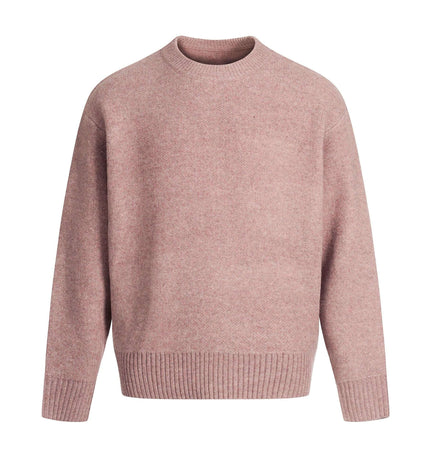 Semi-High Neck Simple Knit Sweater in soft pink color, featuring a loose-fit silhouette and relaxed style.