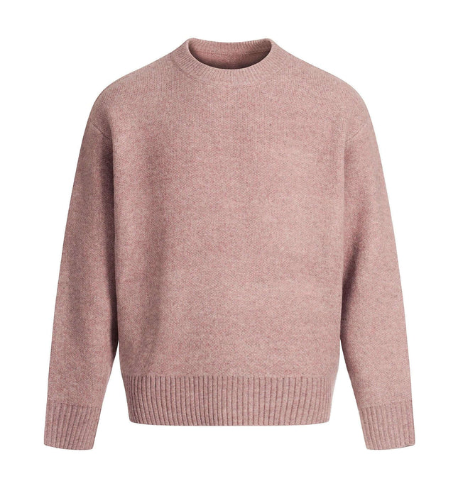 Semi-High Neck Simple Knit Sweater in soft pink color, featuring a loose-fit silhouette and relaxed style.