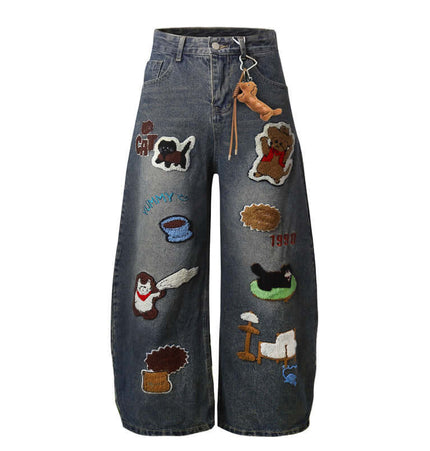 Vintage Washed Cartoon Embroidered Jeans featuring playful cartoon towel embroidery on a washed denim finish.