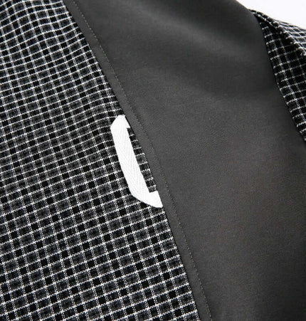 Checkered Patchwork Shirt - Loose Fit showing black and white checkered fabric with patchwork detailing.