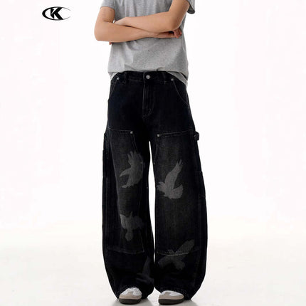 Pigeon Print Wide Leg Jeans – Loose Fit on a model, showcasing bold pigeon graphics and relaxed silhouette.