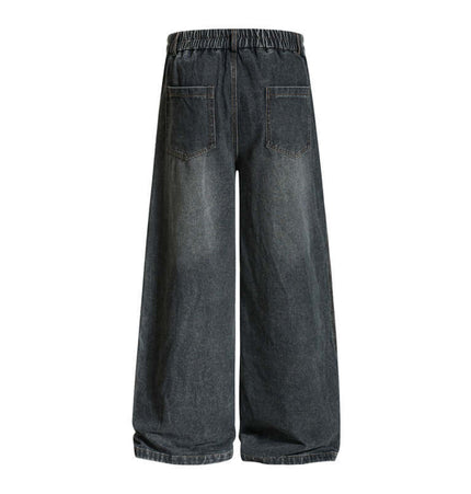 Back view of Cartoon Patch College Denim Pants showcasing a wide-leg cut and elastic waistband.