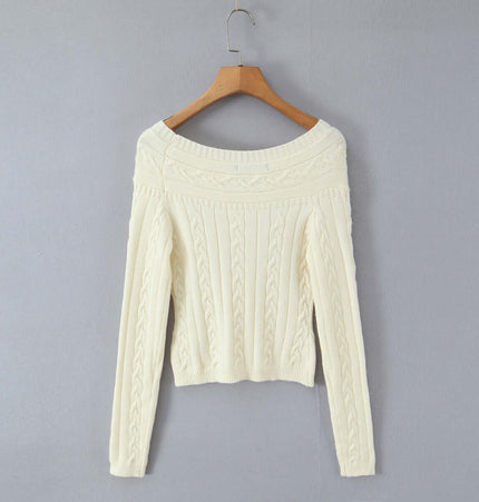Off-Shoulder Twists Slim Knit Sweater featuring a ribbed design and cream color, perfect for casual elegance.