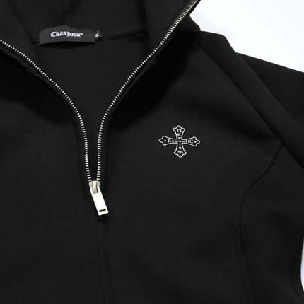 Vintage Gothic Zip-Up Hoodie – Slim Fit featuring zipper closure and unique cross design.
