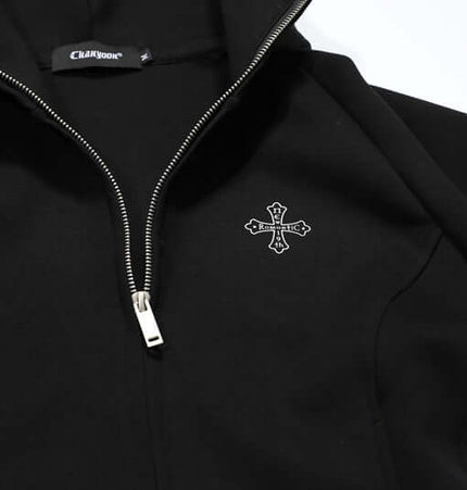 Vintage Gothic Zip-Up Hoodie – Slim Fit featuring zipper closure and unique cross design.