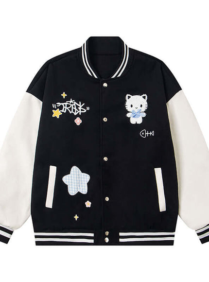 Black embroidery cute cat baseball jacket with Grozavu logo