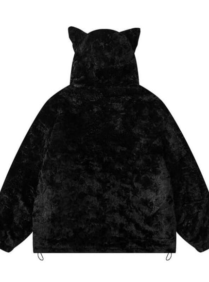 Close-up of White fur collar cat ear jacket fabric