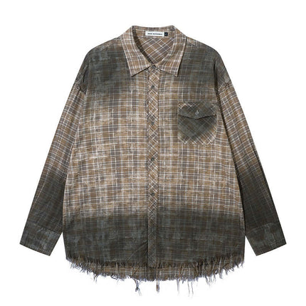 Radiant Plaid Distressed Shirt – Loose Fit featuring a frayed hem and stylish plaid pattern.