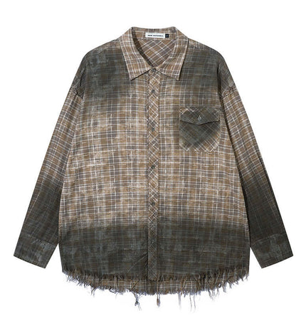 Radiant Plaid Distressed Shirt – Loose Fit featuring a frayed hem and stylish plaid pattern.