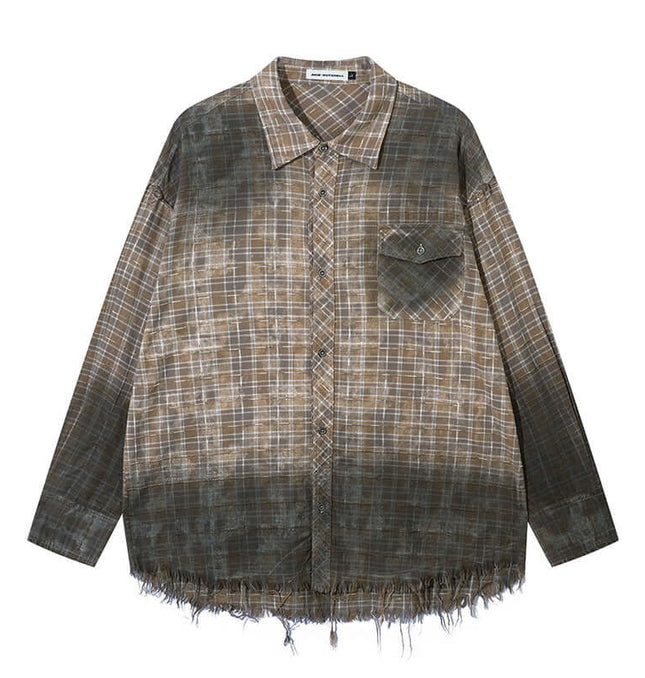 Radiant Plaid Distressed Shirt – Loose Fit featuring a frayed hem and stylish plaid pattern.