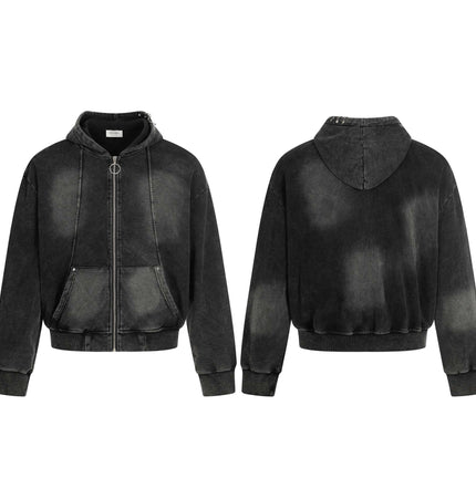 Retro Washed Zip Up Hoodie – Loose Fit, front and back views of a black distressed zip up hoodie.