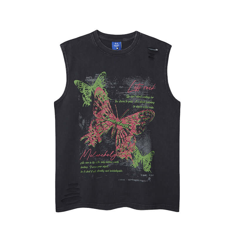 Model wearing Black distressed butterfly print crew neck by Grozavu