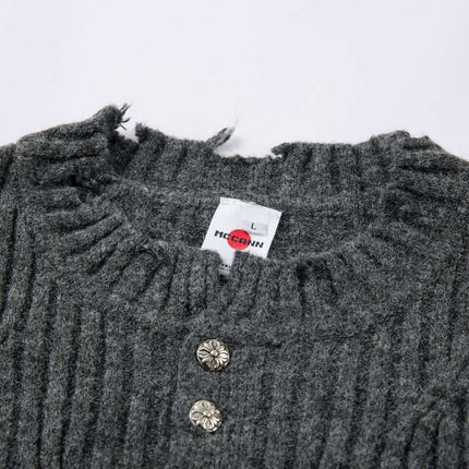 Ripped Hem Knit Cardigan – Loose Fit showing the round neckline and ribbed texture