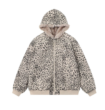Leopard Print Velvet Jacket - Loose Fit featuring cozy hood and soft velvet texture.