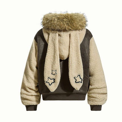 Warm Fur Collar Cotton Jacket with bunny ears and fur trim, offering stylish winter warmth and playful retro design.