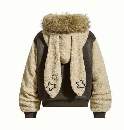 Warm Fur Collar Cotton Jacket with bunny ears and fur trim, offering stylish winter warmth and playful retro design.