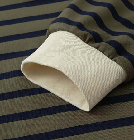 Close-up of the striped sleeve cuff of the Striped Lapel Polo Shirt in retro patchwork style.