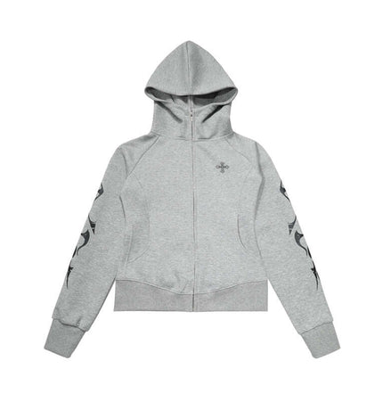 Vintage Gothic Zip-Up Hoodie – Slim Fit in grey with hood and zipper detail featuring gothic-inspired design.