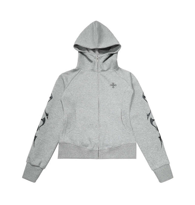 Vintage Gothic Zip-Up Hoodie – Slim Fit in grey with hood and zipper detail featuring gothic-inspired design.