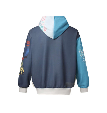 Back view of the Magazine Printed Zip-Up Hoodie – Loose Fit showcasing its unique magazine-inspired print and relaxed silhouette.