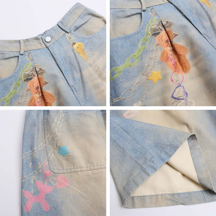 Back side view of Cartoon Chain Print Wide Shorts by Grozavu brand streetwear