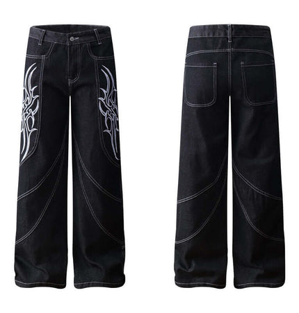 Street Vibe Straight Jeans – Loose Fit featuring a unique design in black denim with bold graphics.