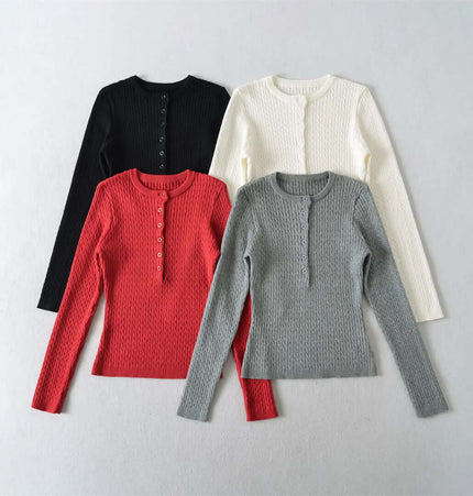 Grozavu Round Neck Half-Button Knit Sweater in black, red, white, and grey colors arranged neatly.