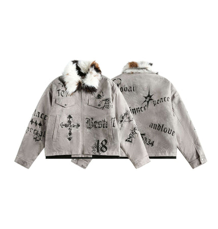 Graffiti Faux Fur Collar Coat – Loose Fit with plush collar and graffiti detailing in sun-bleached yellow and gray.