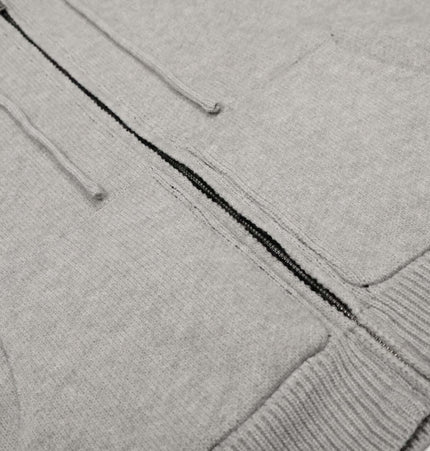 Letter Jacquard Knit Hoodie – Loose Fit in soft gray with front pockets and zipper detail.