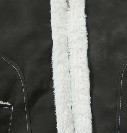 Street Style Cotton Jacket – Loose Fit with PU leather paneling and sherpa lining details.