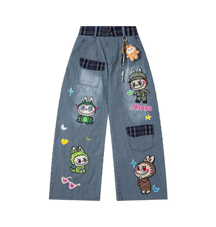 Cartoon Washed Denim Pants - Loose Fit with playful cartoon embroidery and washed striped denim finish
