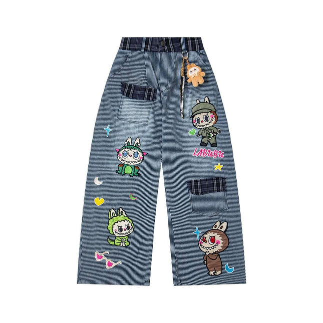 Cartoon Washed Denim Pants - Loose Fit with playful cartoon embroidery and washed striped denim finish