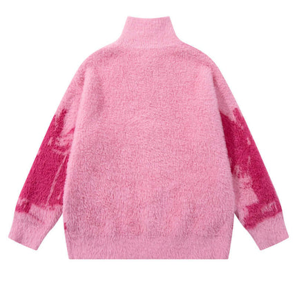 Floral Jacquard Knit Cardigan – Loose Fit, pink back view, cozy oversized sweater with artistic design.