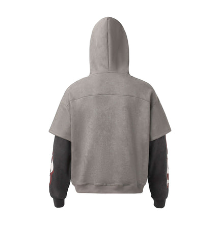 Faux Suede Print Zip-Up Hoodie – Loose Fit showing back view with minimalist design in gray and black.