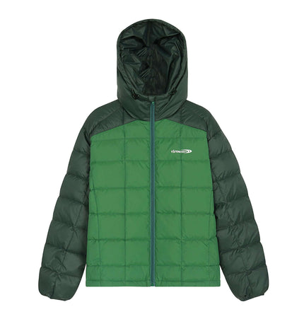 Color-Block Down Jacket – Loose Fit in bold green with a modern design for winter fashion.
