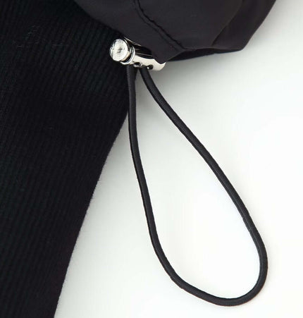 Close-up of the detailed zipper and drawstring on the Stand Collar Zip Jacket – Casual Fit in black.